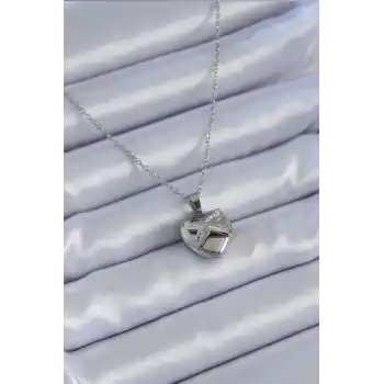 316L Çelik Gümüş Renk Zirkon Taşlı Kalp Model Kadın Kolye