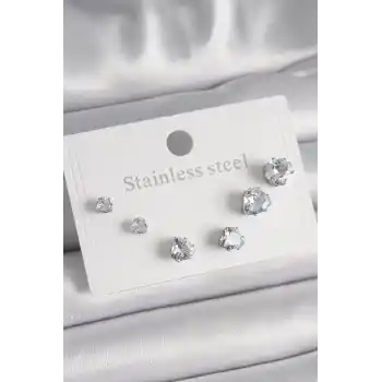 316L Çelik Gümüş Renk Zirkon Taşlı Kalp Model Kadın Küpe Seti