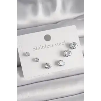 316L Çelik Gümüş Renk Zirkon Taşlı Kalp Model Kadın Küpe Seti