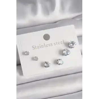 316L Çelik Gümüş Renk Zirkon Taşlı Kalp Model Kadın Küpe Seti