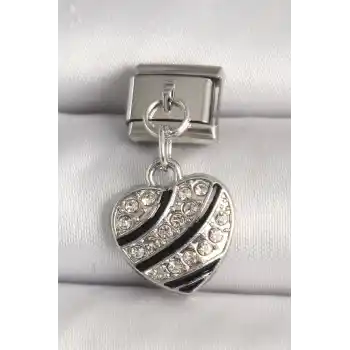 316L Çelik Gümüş Renk Zirkon Taşlı Kalp Model Nomination Charm