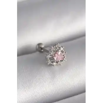 316L Çelik Gümüş Renk Zirkon Taşlı Kalp Tragus Piercing