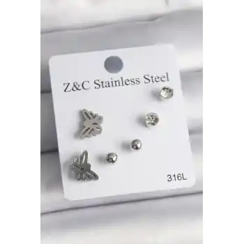316L Çelik Gümüş Renk Zirkon Taşlı Kelebek Model Kadın Küpe Seti
