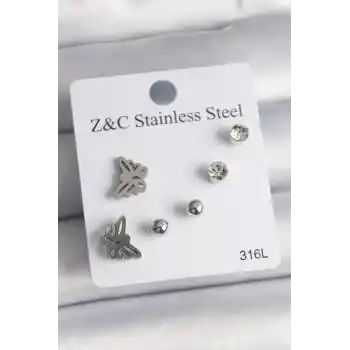 316L Çelik Gümüş Renk Zirkon Taşlı Kelebek Model Kadın Küpe Seti