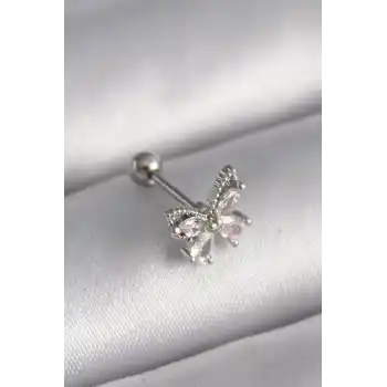 316L Çelik Gümüş Renk Zirkon Taşlı Kelebek Tragus Piercing