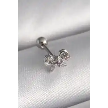 316L Çelik Gümüş Renk Zirkon Taşlı Kurdele Tragus Piercing
