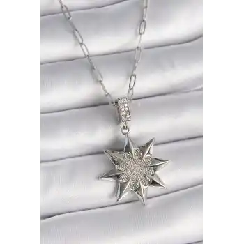 316L Çelik Gümüş Renk Zirkon Taşlı Kutup Yıldızı Model Kadın Kolye
