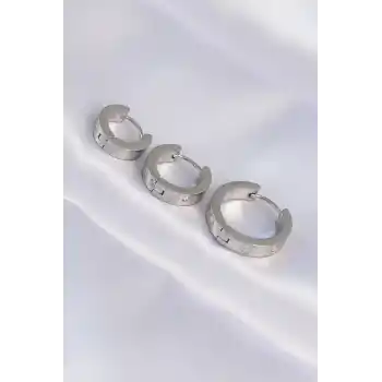 316L Çelik Gümüş Renk Zirkon Taşlı Model 3lü Halka Küpe