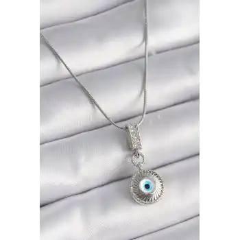 316L Çelik Gümüş Renk Zirkon Taşlı Nazar Boncuk Model Kadın Kolye