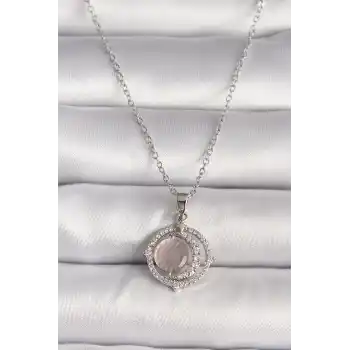 316L Çelik Gümüş Renk Zirkon Taşlı Pembe Sedefli Hilal Model Kadın Kolye