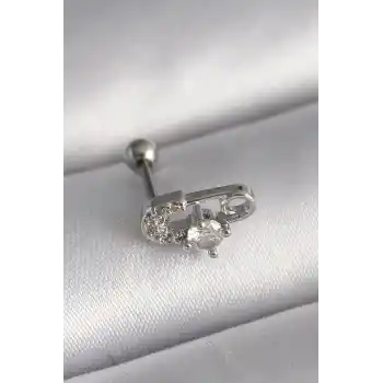 316L Çelik Gümüş Renk Zirkon Taşlı Toplu İğne Tragus Piercing