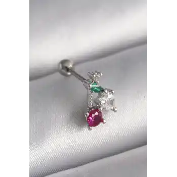 316L Çelik Gümüş Renk Zirkon Taşlı Tragus Piercing