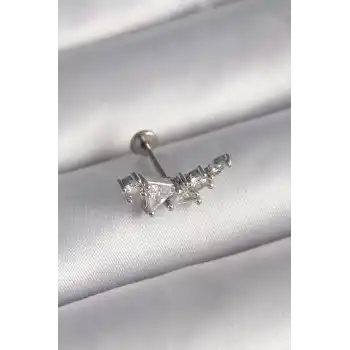 316L Çelik Gümüş Renk Zirkon Taşlı Tragus Piercing