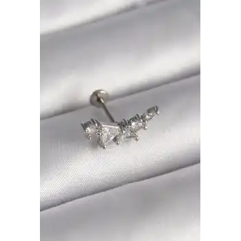316L Çelik Gümüş Renk Zirkon Taşlı Tragus Piercing
