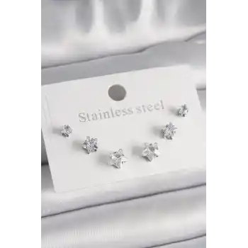 316L Çelik Gümüş Renk Zirkon Taşlı Yıldız Model Kadın Küpe Seti