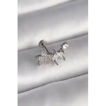 316L Çelik Gümüş Renk Zirkon Taşlı Yıldız Model Tragus Piercing