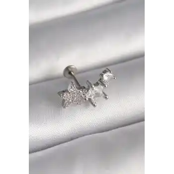 316L Çelik Gümüş Renk Zirkon Taşlı Yıldız Model Tragus Piercing
