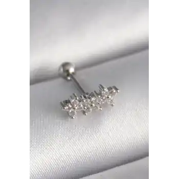 316L Çelik Gümüş Renk Zirkon Taşlı Yonca Tragus Piercing