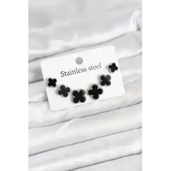 316L Çelik Gümüş Siyah Renk 3 Boy Yonca Küpe Seti