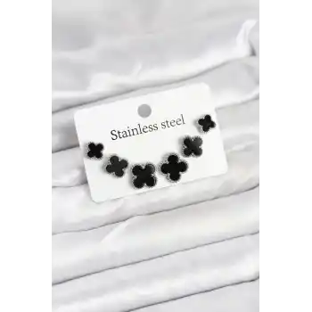 316L Çelik Gümüş Siyah Renk 3 Boy Yonca Küpe Seti