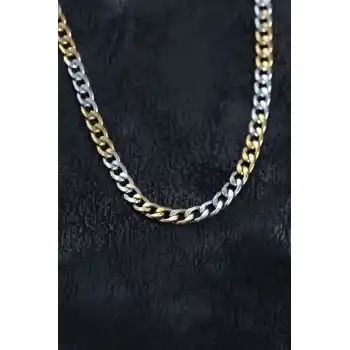 316L Çelik Gümüş ve Gold Renk Curb Erkek Kolye