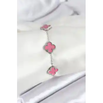 316L Çelik Gümüş Zincir Pembe Renk Yonca Bileklik