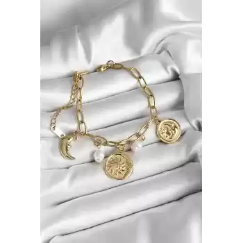 316L Çelik Güneş Ay ve Para Figürlü İnci Detaylı Sallantılı Gold Renk Kadın Bileklik