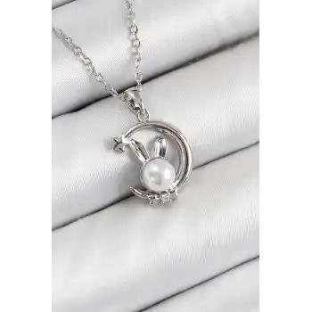 316L Çelik İnci Detaylı Hilal Tavşan Model Gümüş Renk Kadın Kolye