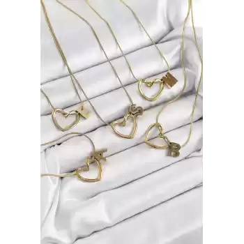 316L Çelik Kalp Detaylı Gold Renk Harf Kolye 24lü Paket Kolye