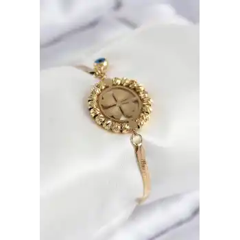 316L Çelik Nazar Boncuk Detaylı Yonca Model İtalyan Zincir Gold Renk Kadın Bileklik