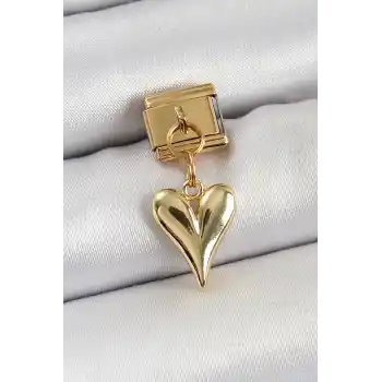 316L Çelik Sallantılı Kalp Model Gold Renk Nomination Charm