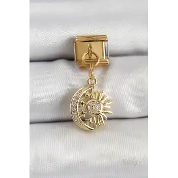 316L Çelik Sallantılı Zirkon Taşlı Ay Ve Güneş Model Gold Renk Nomination Charm