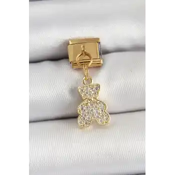 316L Çelik Sallantılı Zirkon Taşlı Ayıcık Model Gold Renk Nomination Charm
