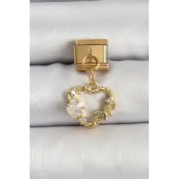 316L Çelik Sallantılı Zirkon Taşlı Kalp Model Gold Renk Nomination Charm