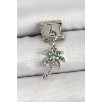 316L Çelik Sallantılı Zirkon Taşlı Palmiye Ağacı Model Gümüş Renk Nomination Charm