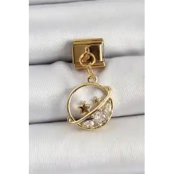 316L Çelik Sallantılı Zirkon Taşlı Satürn Model Gold Renk Nomination Charm