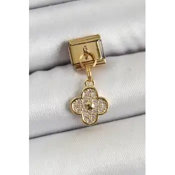 316L Çelik Sallantılı Zirkon Taşlı Yonca Model Gold Renk Nomination Charm