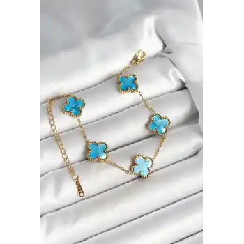 316L Çelik Sedefli Gökyüzü Mavisi Gold Renk Yonca Kadın Bileklik