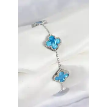 316L Çelik Sedefli Gökyüzü Mavisi Gümüş Renk Yonca Kadın Bileklik