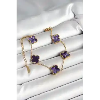 316L Çelik Sedefli Mor Gold Renk Yonca Kadın Bileklik