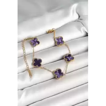 316L Çelik Sedefli Mor Gold Renk Yonca Kadın Bileklik