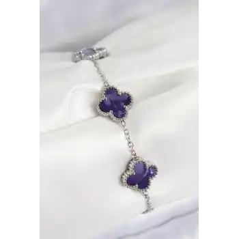 316L Çelik Sedefli Mor Gümüş Renk Yonca Kadın Bileklik