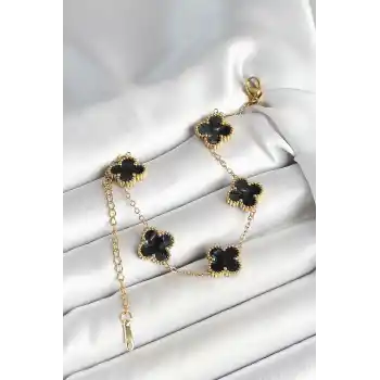 316L Çelik Sedefli Siyah Gold Renk Yonca Kadın Bileklik