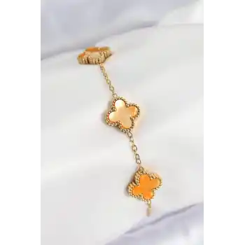 316L Çelik Sedefli Turuncu Gold Renk Yonca Kadın Bileklik