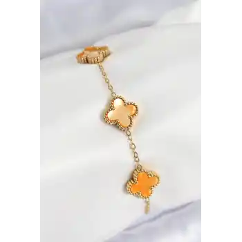 316L Çelik Sedefli Turuncu Gold Renk Yonca Kadın Bileklik