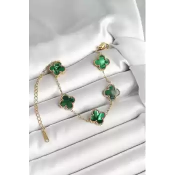 316L Çelik Sedefli Zümrüt Yeşil Gold Renk Yonca Kadın Bileklik