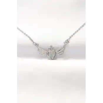 316L Çelik Silver Renk Zirkon Taşlı Kalpli Kanat Kolye