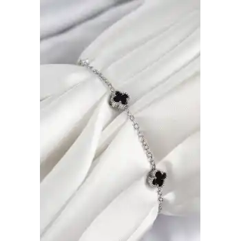 316L Çelik Siyah Sedef Yonca Model Gümüş Renk Kadın Bileklik