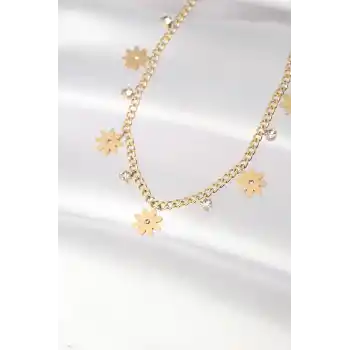 316L Çelik Taşlı Gold Renk Çoklu Çiçek Kolye
