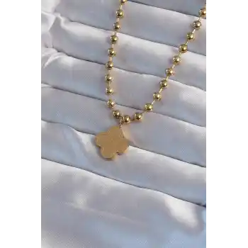 316L Çelik Top Zincirli Gold Renk İşlemeli Yonca Model Kolye